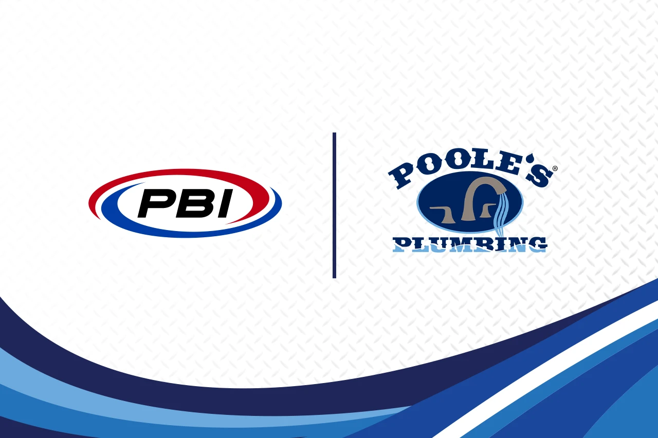 PBI logo and Poole's Plumbing logo displayed side by side on a white background with blue curved accents at the bottom.