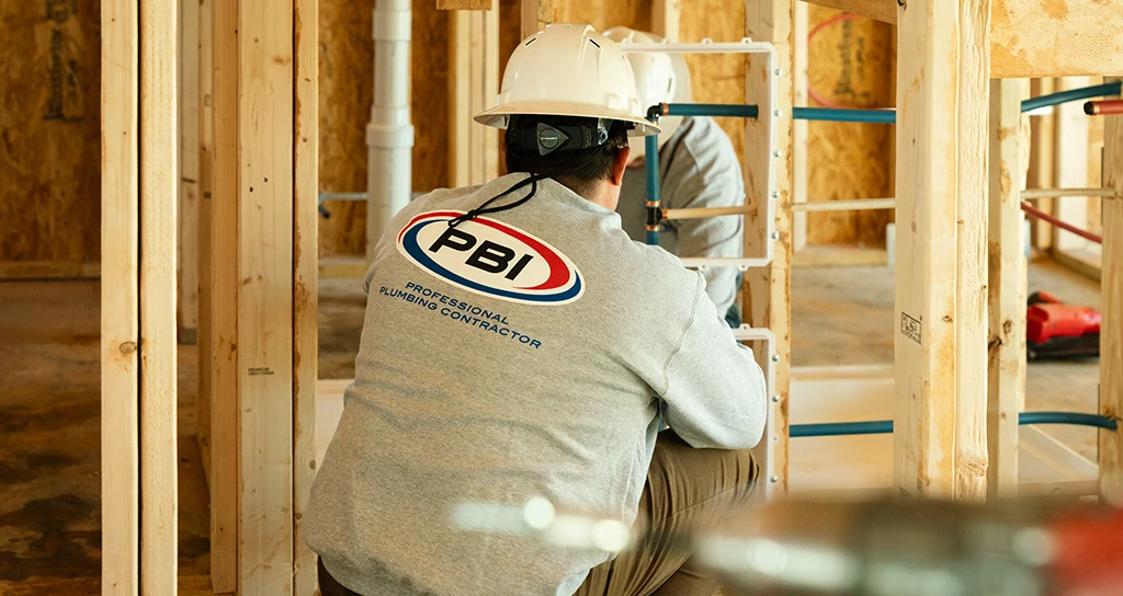 A construction worker in a hard hat and PBI Professional Plumbing Contractor shirt installs plumbing pipes in a building under construction.