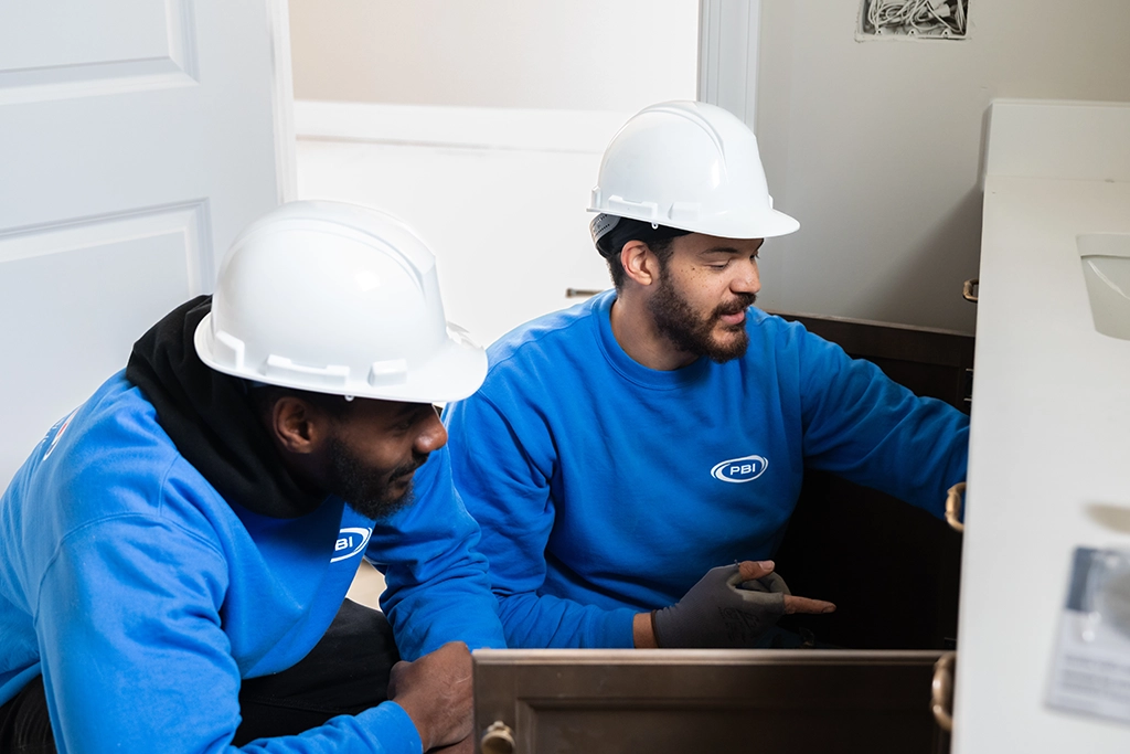 Two workers in blue uniforms and white hard hats examine the inside of a cabinet next to a white door and a sink.