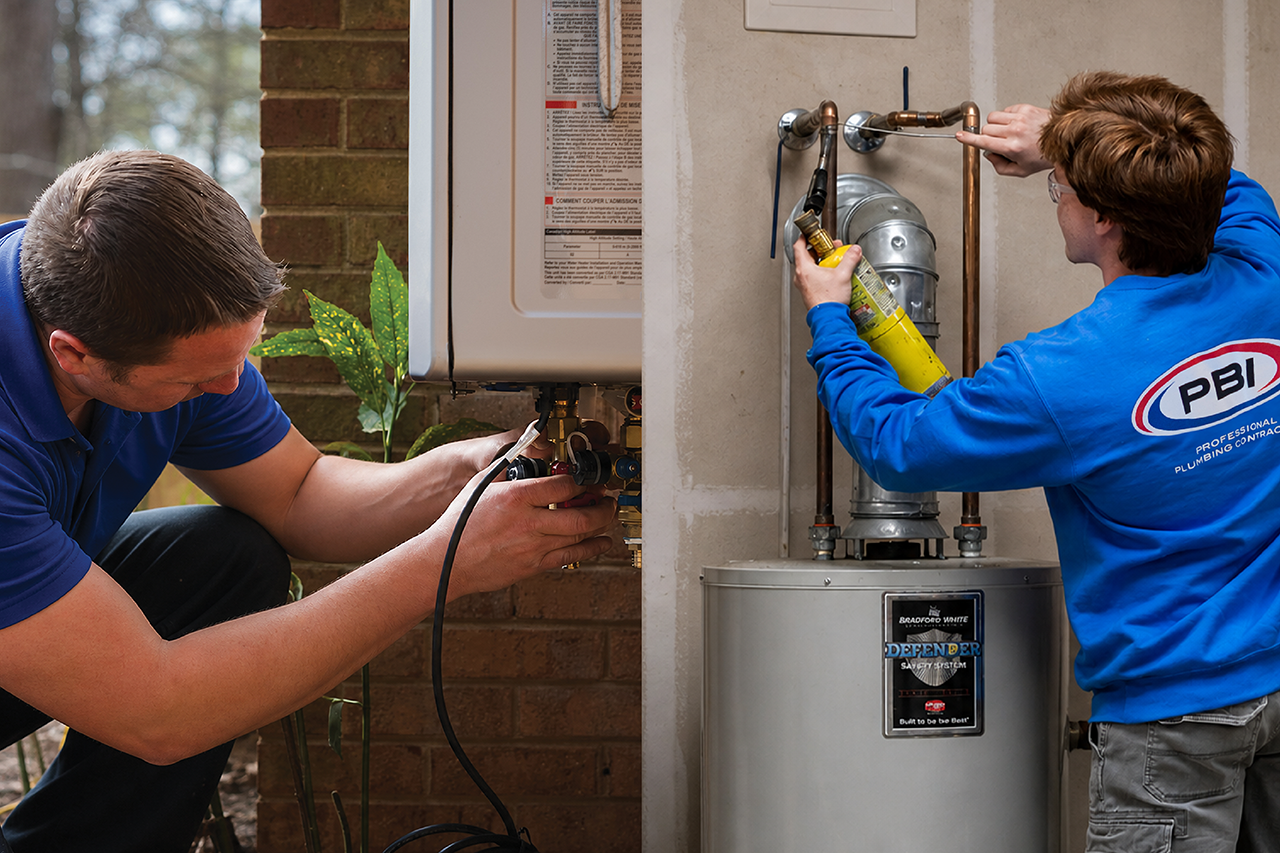 Split image showing two plumbers working: one repairs an outdoor tankless water heater, the other uses a torch on pipes above an indoor water heater.