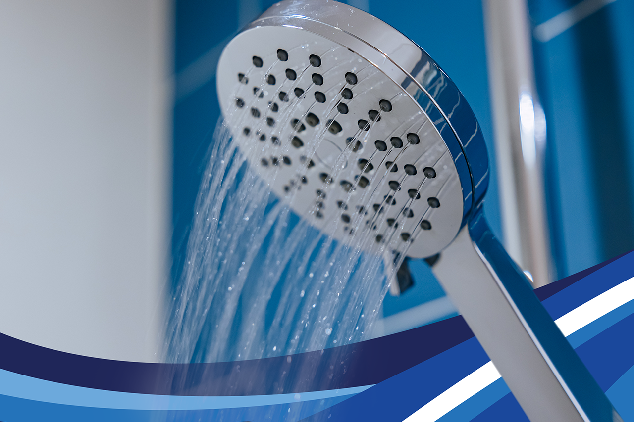 A handheld showerhead is spraying water, with blue and white curved graphic lines at the bottom of the image.